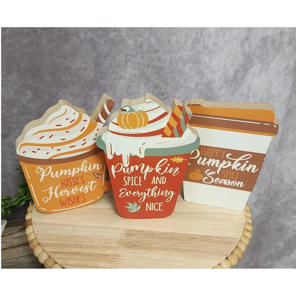 Pumpkin Spice Wood Signs Harvest Wishes Season Latte Coffee Mug Fall Autumn 3 Pc